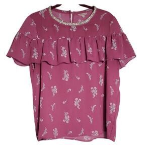 Juicy Couture Cranberry Floral & Rhinestones Cap Sleeve Y2K Blouse Size L